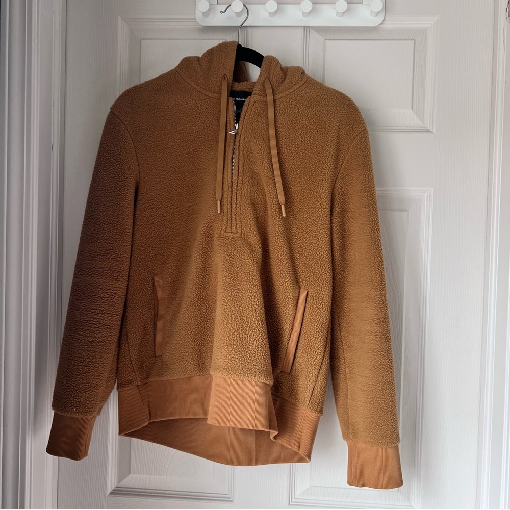 Club Monaco Quarter-Zip Men's Size Small Teddy Hoodie in Camel
